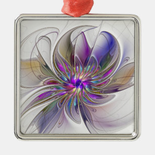 Energetic, Colourful Abstract Fractal Art Flower Metal Ornament