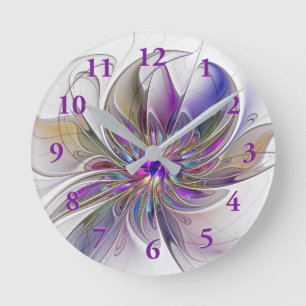 Energetic, Colourful Abstract Fractal Art Flower Round Clock