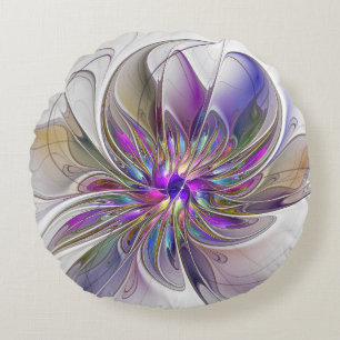 Energetic, Colourful Abstract Fractal Art Flower Round Cushion