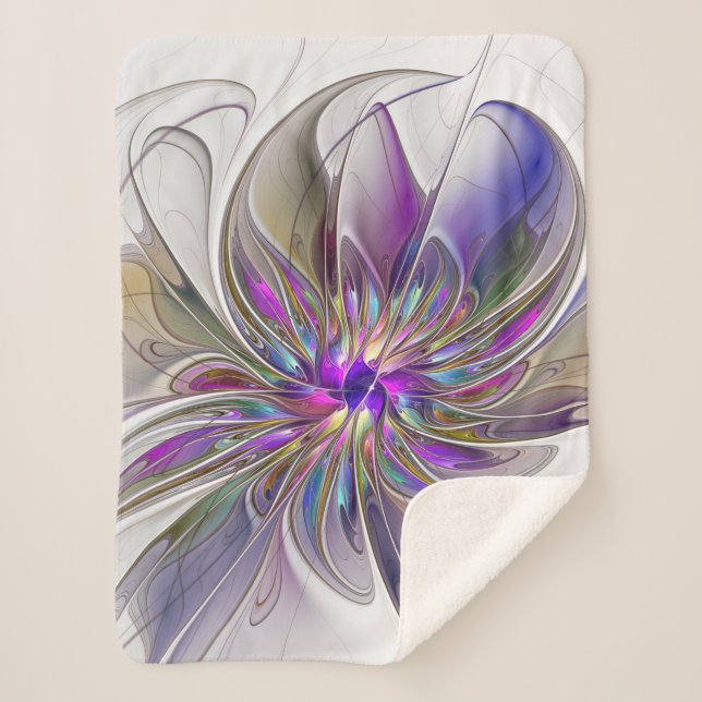 Energetic, Colourful Abstract Fractal Art Flower Sherpa Blanket (Front)