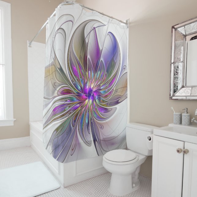 Energetic, Colourful Abstract Fractal Art Flower Shower Curtain (In Situ)