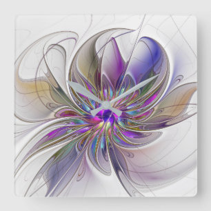 Energetic, Colourful Abstract Fractal Art Flower Square Wall Clock