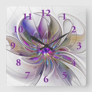 Energetic, Colourful Abstract Fractal Art Flower Square Wall Clock