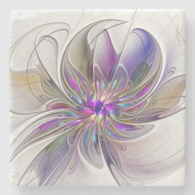 Energetic, Colourful Abstract Fractal Art Flower Stone Coaster (Front)