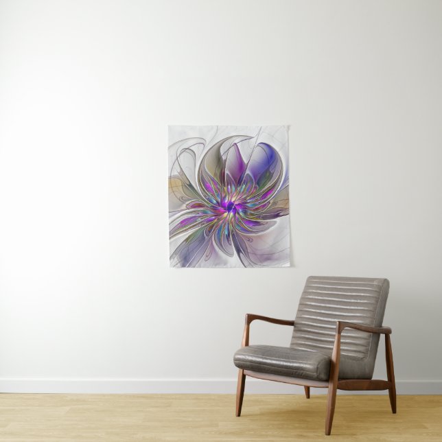 Energetic, Colourful Abstract Fractal Art Flower Tapestry (In Situ)