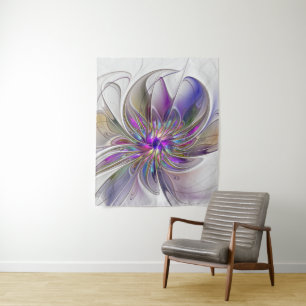 Energetic, Colourful Abstract Fractal Art Flower Tapestry