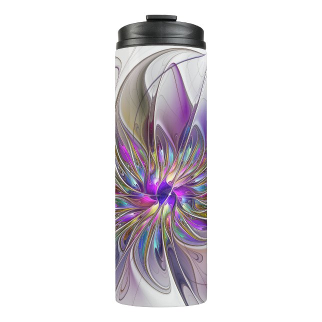 Energetic, Colourful Abstract Fractal Art Flower Thermal Tumbler (Front)