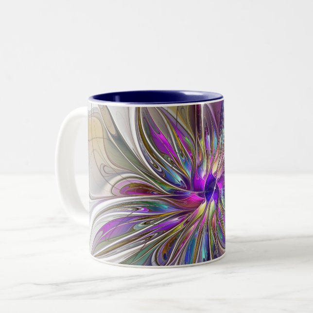Energetic, Colourful Abstract Fractal Art Flower Two-Tone Coffee Mug (Front Left)