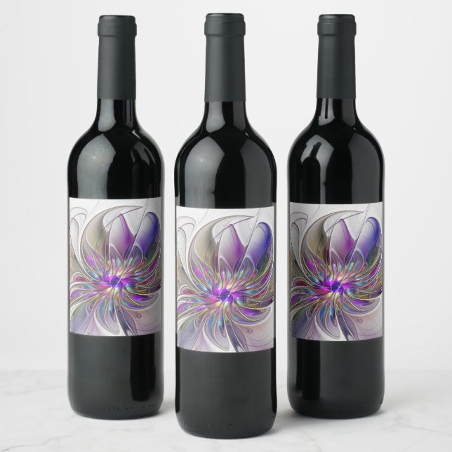 Energetic, Colourful Abstract Fractal Art Flower Wine Label (Bottles)