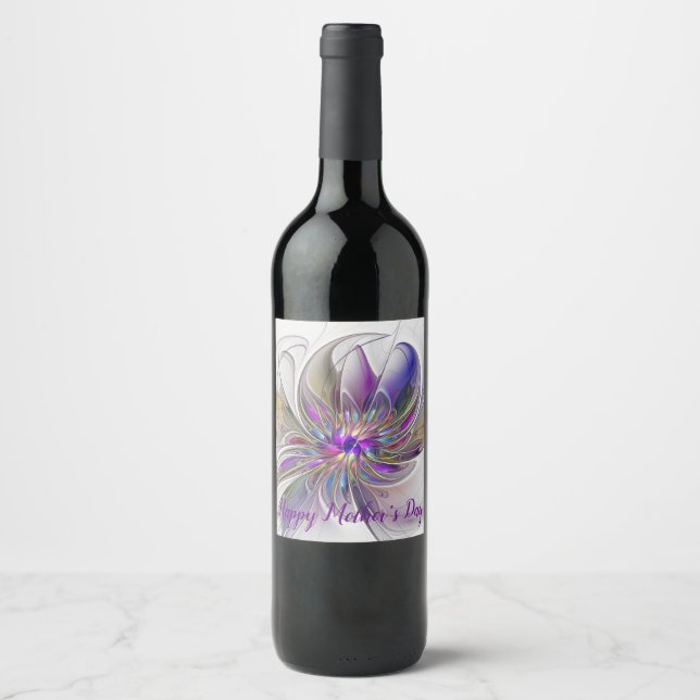 Energetic, Colourful Abstract Fractal Art Flower Wine Label (Front)