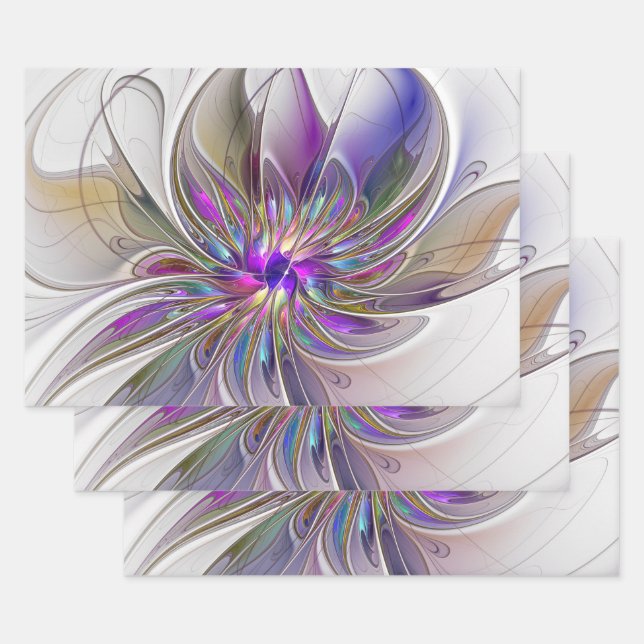 Energetic, Colourful Abstract Fractal Art Flower Wrapping Paper Sheet (Set)