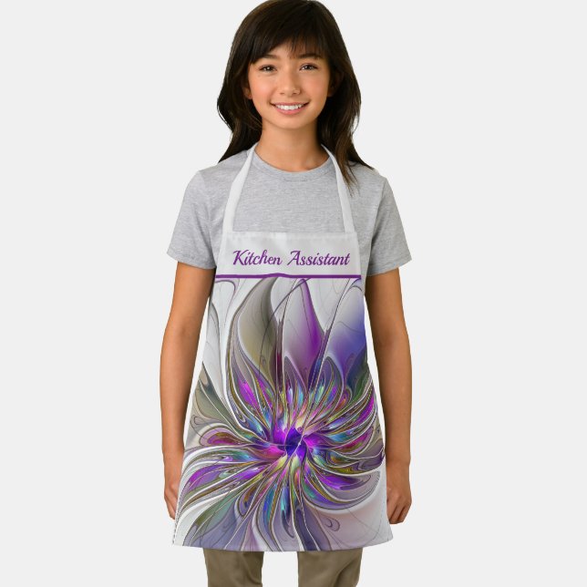 Energetic, Colourful Abstract Fractal Flower Text Apron (Insitu)