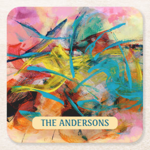 Energetic Colourful Abstract Painting, Name Square Paper Coaster