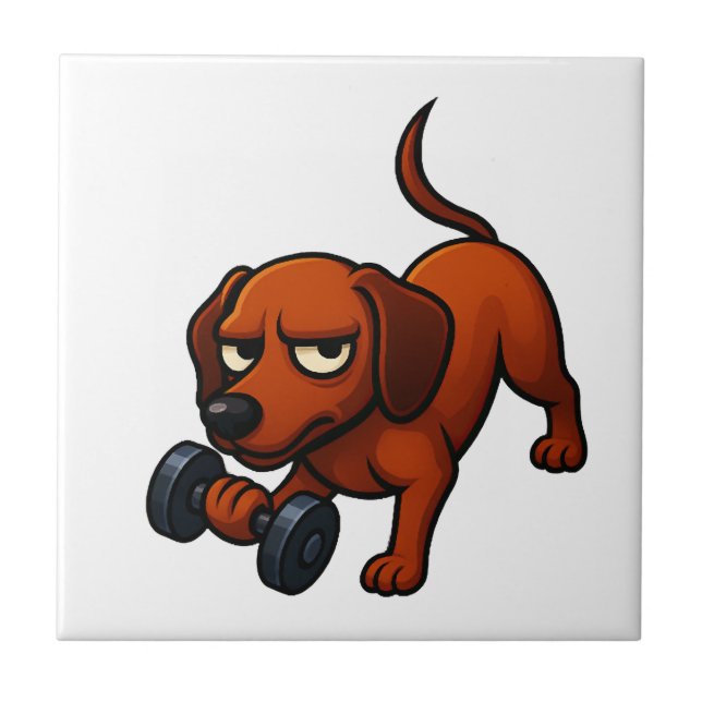 Energetic dachshund dumbbell comic motivation ceramic tile (Front)