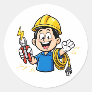 Energetic Electrician Mascot Lightning Cartoon Art Classic Round Sticker