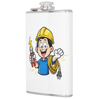 Energetic Electrician Mascot Lightning Cartoon Art Hip Flask