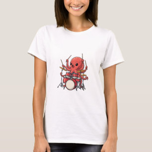 Energetic Red Octopus Drummer Multitasking T-Shirt