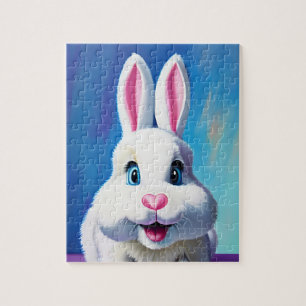 Energetic White Bunny with Blue Eyes Fun Portrait Jigsaw Puzzle
