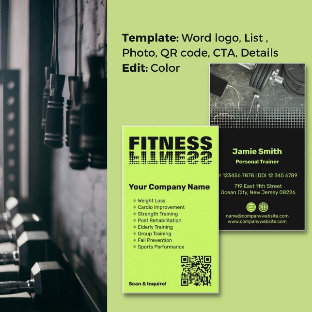 Energise Brand Lime Green & Black Personal Trainer Business Card (Energize Brand Lime Green & Black Personal Trainer Business Card, List of Services, Word logo)