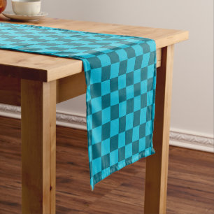 Energising Teal and Turquoise Chequerboard Pattern Short Table Runner