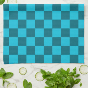Energising Teal and Turquoise Chequerboard Pattern Tea Towel