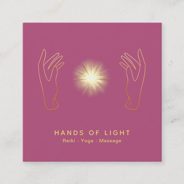 *~* Energy Healing Hands Ball Reiki Light Pink Square Business Card (Front)