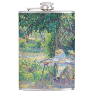 Enfants attablés dans le jardin Camille Pissarro Hip Flask