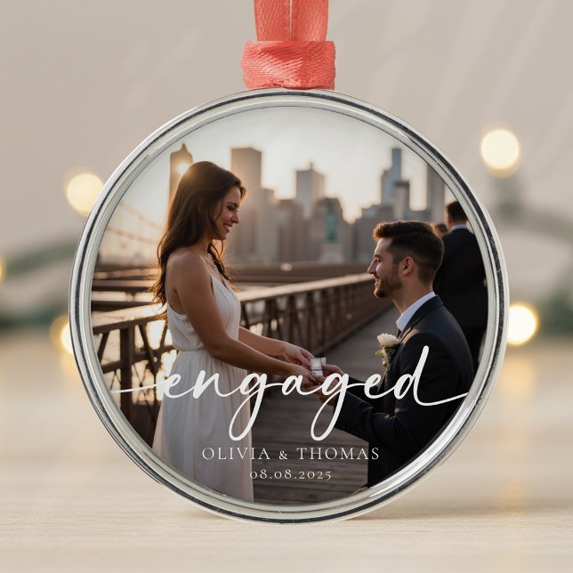 Engaged Calligraphy Photo Keepsake Metal Ornament (Creator Uploaded)
