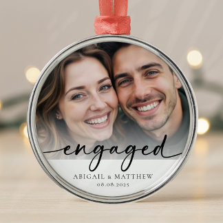 Engaged Calligraphy Photo Keepsake Metal Ornament