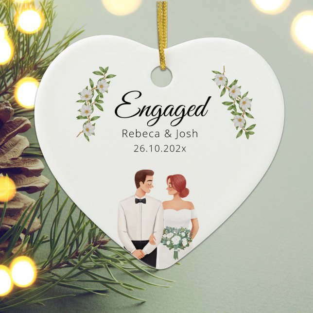 Engaged Christmas Keepsake Greenery Wedding Date Ceramic Ornament (Engaged Christmas Keepsake Greenery Wedding Date Ceramic Ornament)