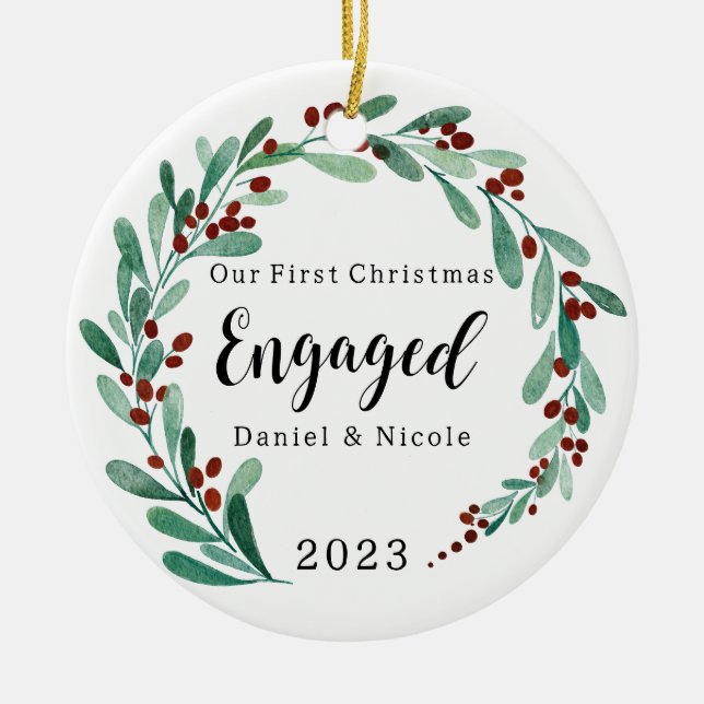 Engaged Christmas Ornament, Personalised Christmas Ceramic Ornament (Front)