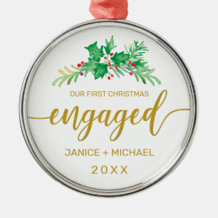 Engaged Christmas Watercolor Holly Gold Script Metal Ornament