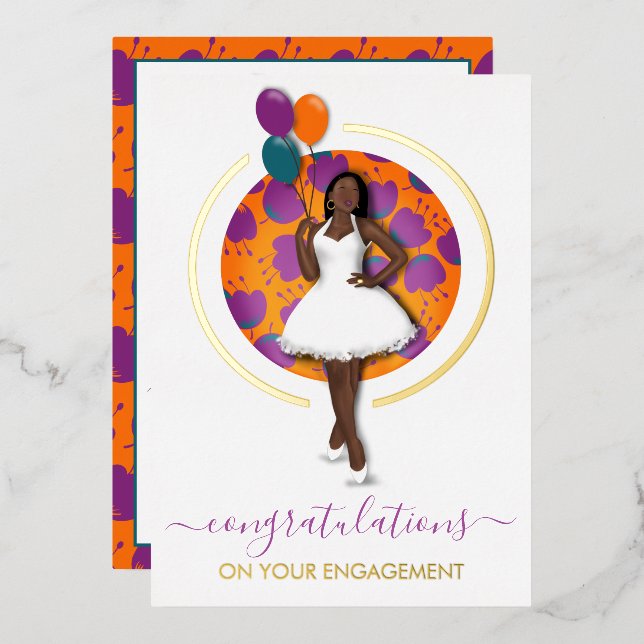 Engaged Congrats! Black Woman w/Balloons & Flowers (Front/Back)