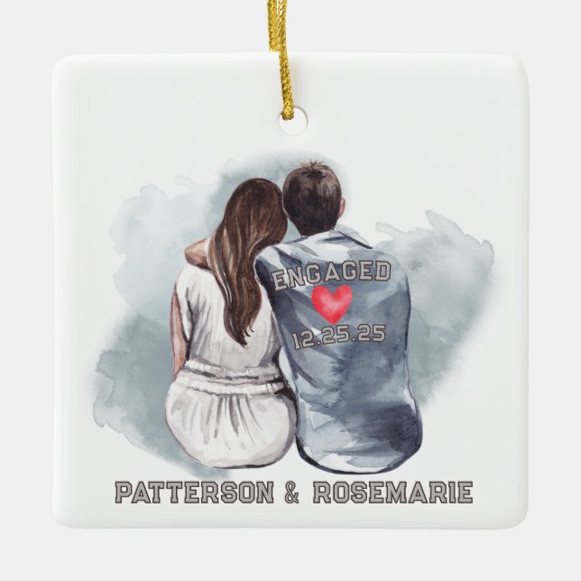 Engaged Couple Cuddling - Romantic Back View Ceramic Ornament (Front)