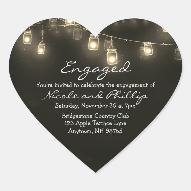Engaged Couple Mason Jar Lights Customisable Heart Sticker (Front)