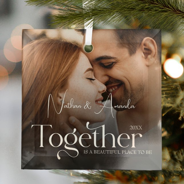 Engaged Couple Minimalist Photo Glass Tree Decoration (Creator Uploaded)