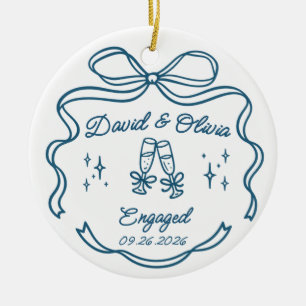 Engaged Couple Names & Date Champagne Toast Ceramic Ornament