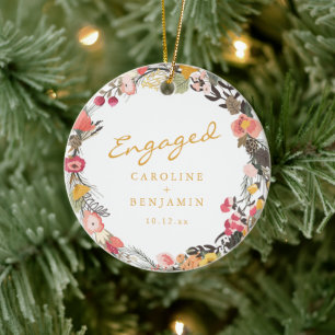 Engaged Couple Names Floral Wreath Fall Keepsake Ceramic Ornament