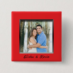 Engaged Couple Red Frame Button with Names