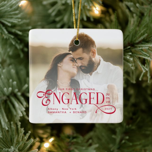 Engaged Couples 2 Photos Stylish First Christmas Ceramic Ornament (Tree)