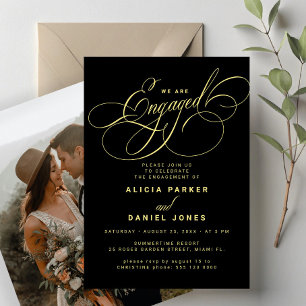 Engaged elegant gold black photo engagement party invitation