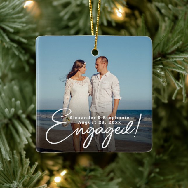 Engaged Elegant Script Overlay Engagement Photo Ceramic Ornament (Tree)