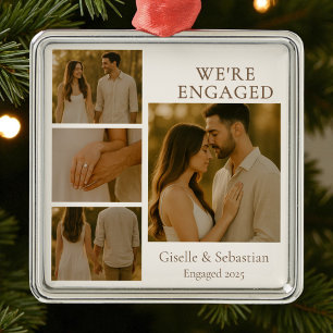 Engaged Engagement Collage 4 Photo Christmas Metal Ornament