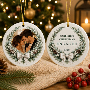 Engaged First Christmas Photo Wreath Bow Ceramic Ornament