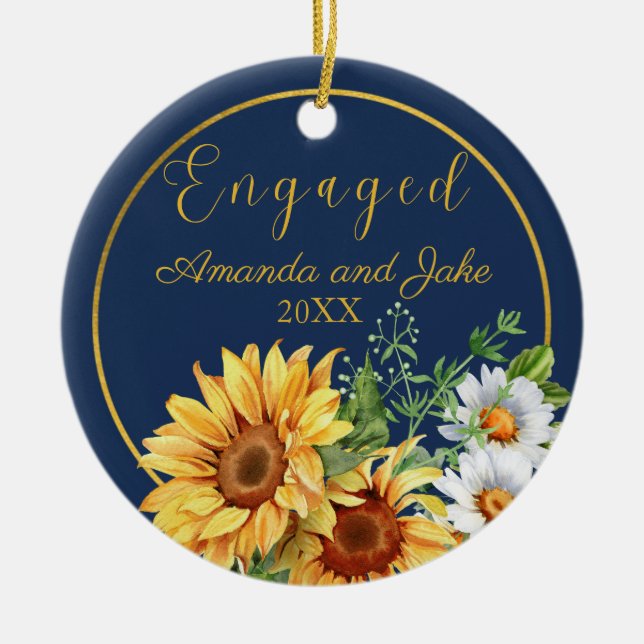 Engaged Floral Rustic Sunflowers Ceramic Ornament (Front)