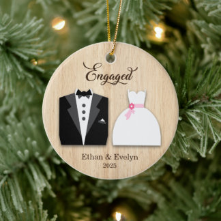 Engaged for Bride & Groom Illustration Personalise Ceramic Ornament