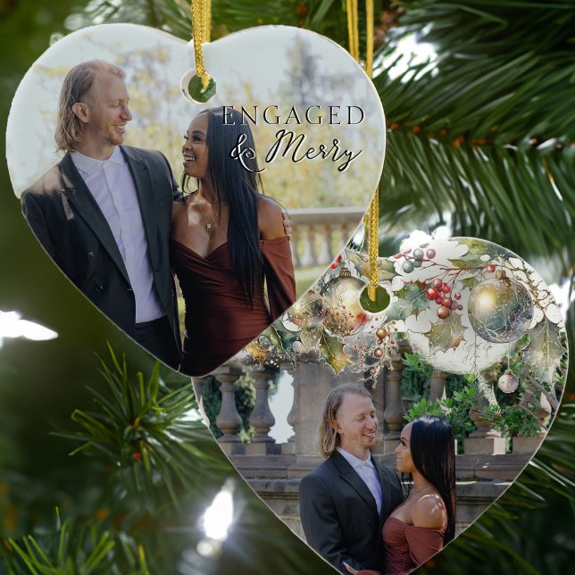 Engaged & Merry Double Sided Heart Couple Photo Ceramic Ornament (Engaged & Merry Christmas Ornament with Engagement Photo by Darling & May)