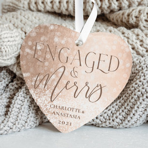 Engaged & Merry Gold White Twinkling Lights Photo Ornament