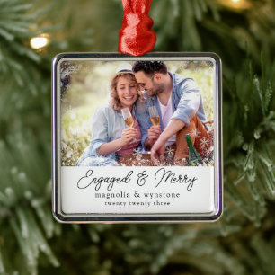 Engaged Merry Photo Snowflake Keepsake Metal Ornament