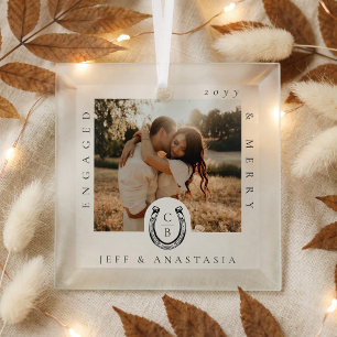 Engaged & Merry Western Horseshoe Monogram Photo Glass Tree Decoration